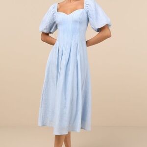 Lulus Heavenly Energy Blue Textured Puff Sleeve Pleated Midi Dress - Size S
